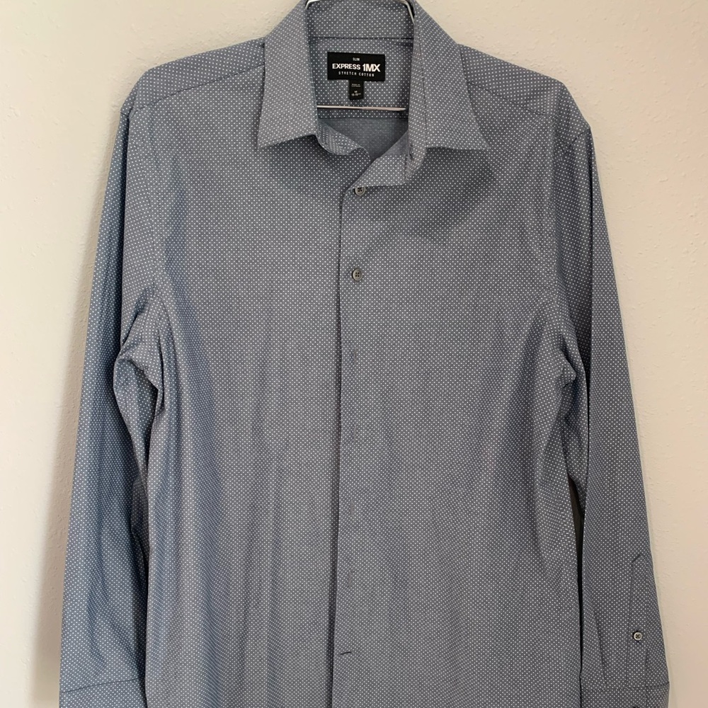 Men’s Slim Fit Express 1MX Blue with White Dots Button Down Long‎ Sleeve Size M